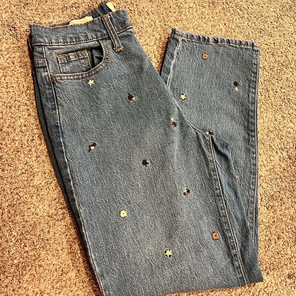 Universal Thread Blue Straight Leg Jeans with Floral Accents